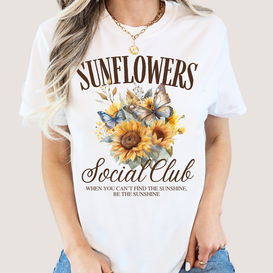 Sunflowers Social Club Shirt – Comfort Colors Blue Jean Tee with Butterflies • Be the Sunshine Quote • Vintage Floral Graphic Tee