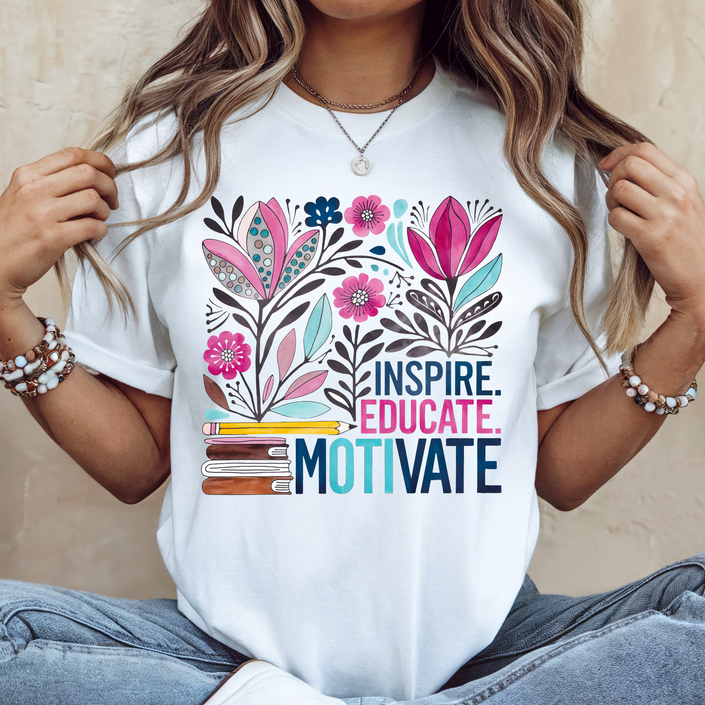 Inspire Educate Motivate Floral Tee - Bella Canvas 3001 Unisex Jersey Short Sleeve T-Shirt for Teachers and Students