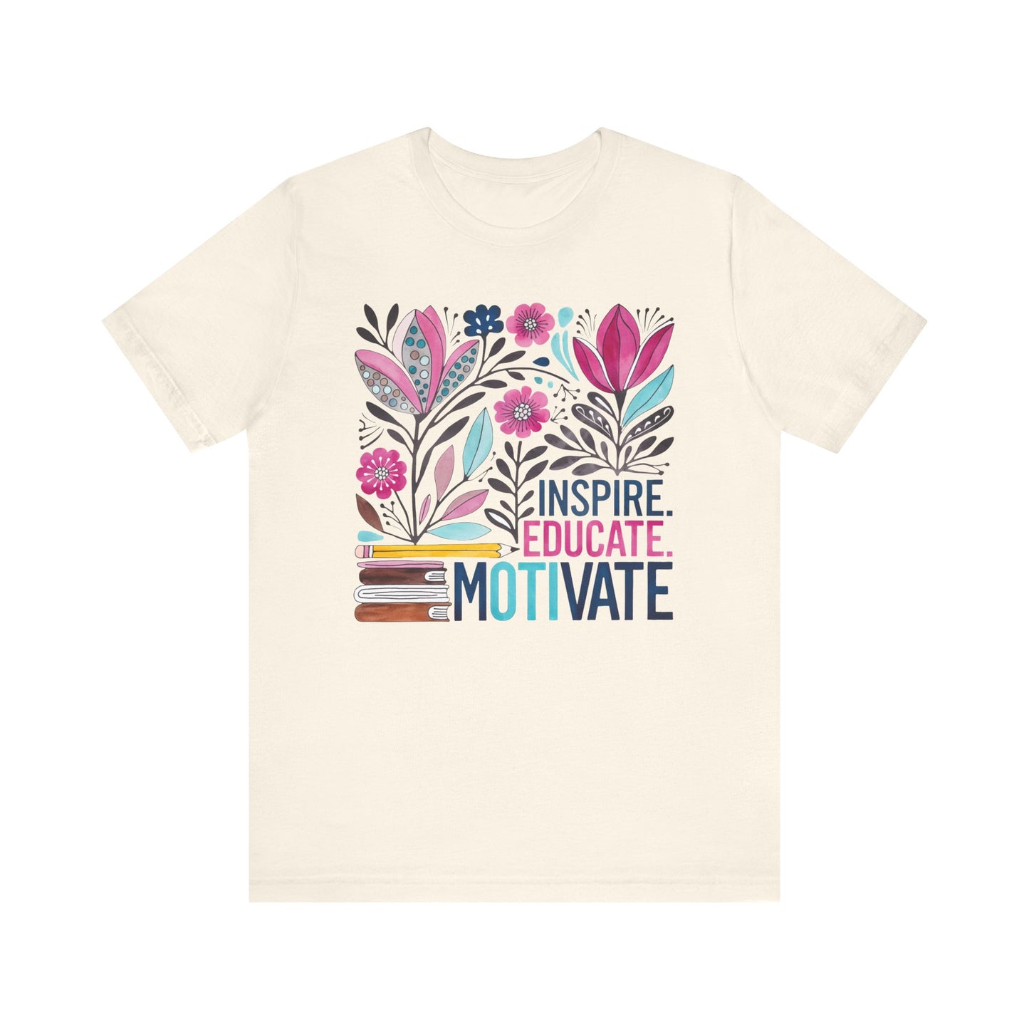 Inspire Educate Motivate Floral Tee - Bella Canvas 3001 Unisex Jersey Short Sleeve T-Shirt for Teachers and Students