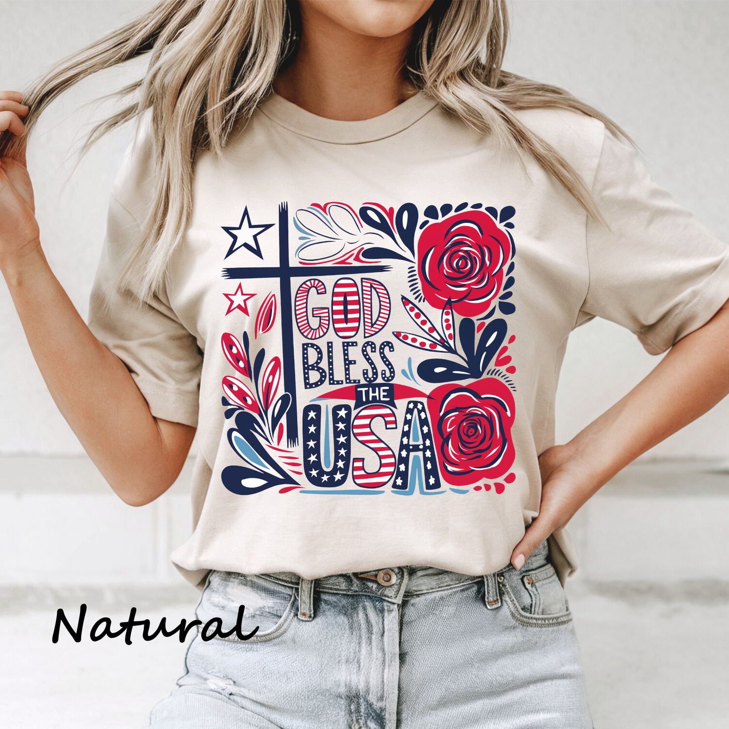 God Bless the USA Floral Graphic Tee Women – Bella Canvas 3001 Patriotic Faith T-Shirt