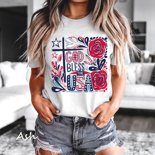 God Bless the USA Floral Graphic Tee Women – Bella Canvas 3001 Patriotic Faith T-Shirt