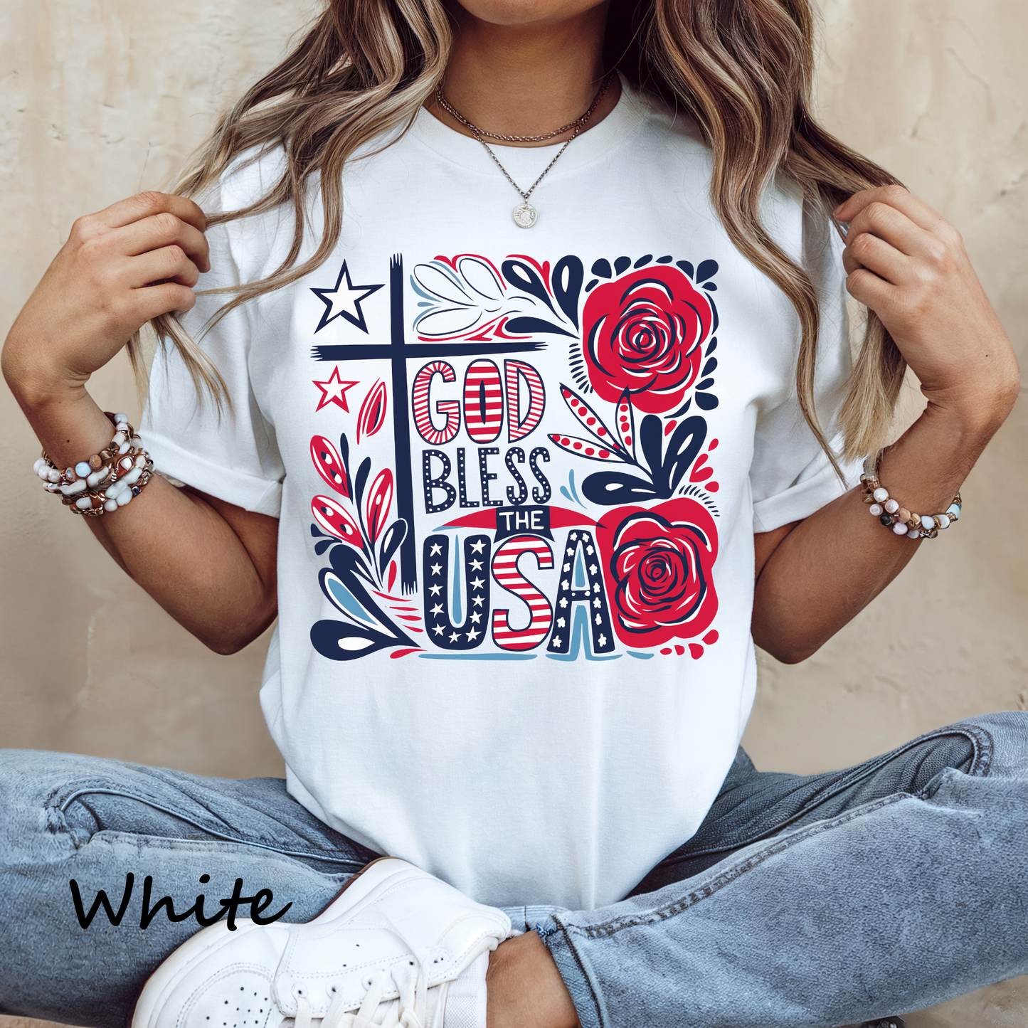 God Bless the USA Floral Graphic Tee Women – Bella Canvas 3001 Patriotic Faith T-Shirt