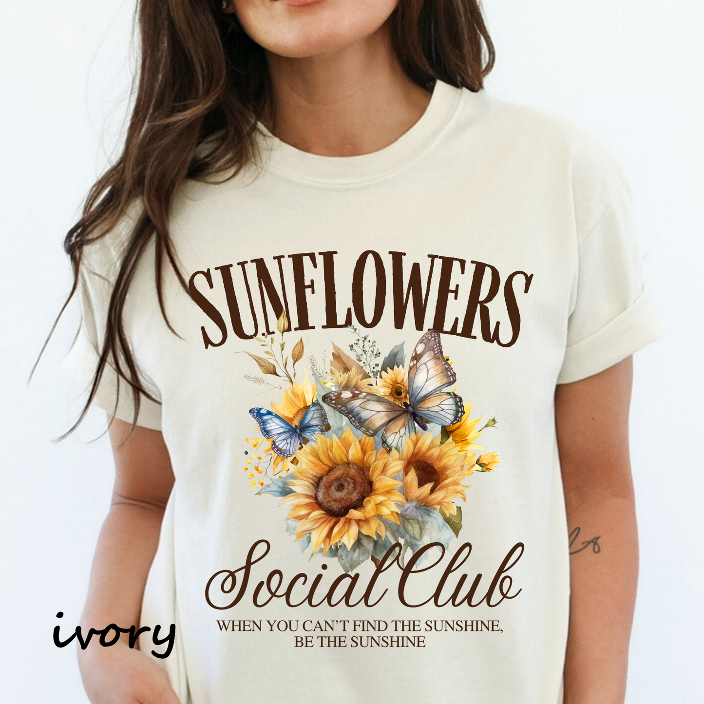 Sunflowers Social Club Shirt – Comfort Colors Blue Jean Tee with Butterflies • Be the Sunshine Quote • Vintage Floral Graphic Tee