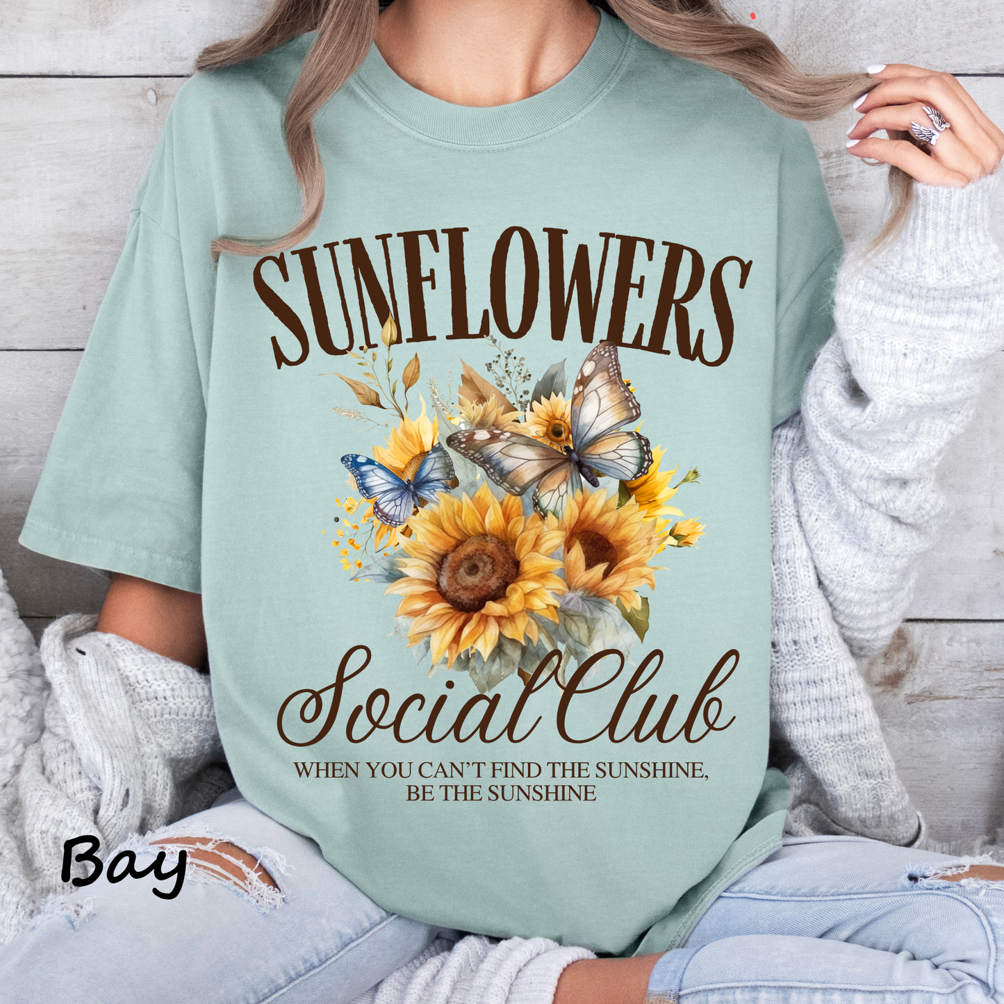 Sunflowers Social Club Shirt – Comfort Colors Blue Jean Tee with Butterflies • Be the Sunshine Quote • Vintage Floral Graphic Tee