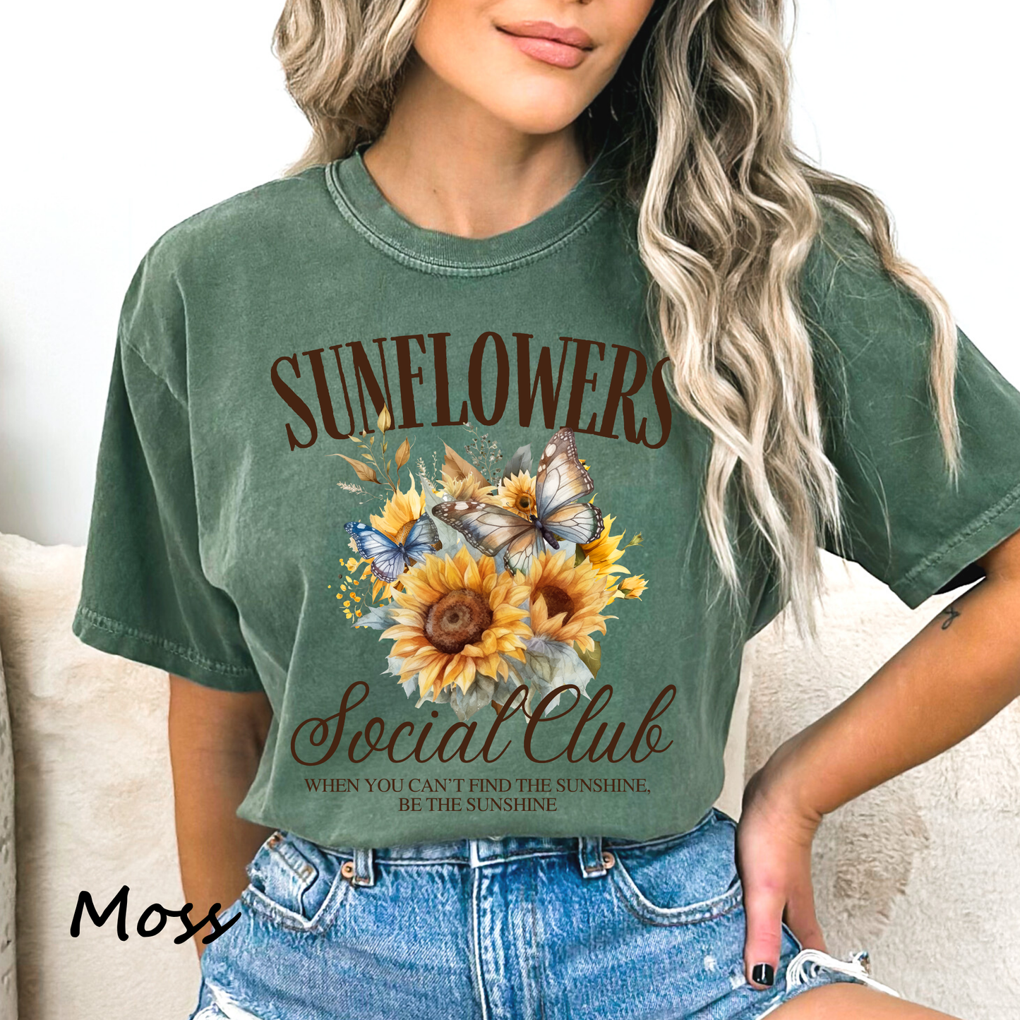 Sunflowers Social Club Shirt – Comfort Colors Blue Jean Tee with Butterflies • Be the Sunshine Quote • Vintage Floral Graphic Tee